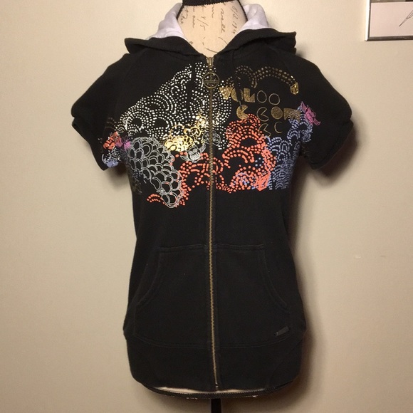 Volcom cap sleeve hoodie, black w/ paint design, S - Picture 2 of 8